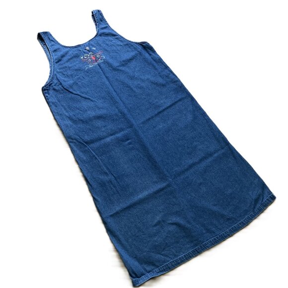 Denim Chambray Maxi Dress Jumper Noah's Ark Embroidery 90s Cotton Casual XL - Picture 3 of 8